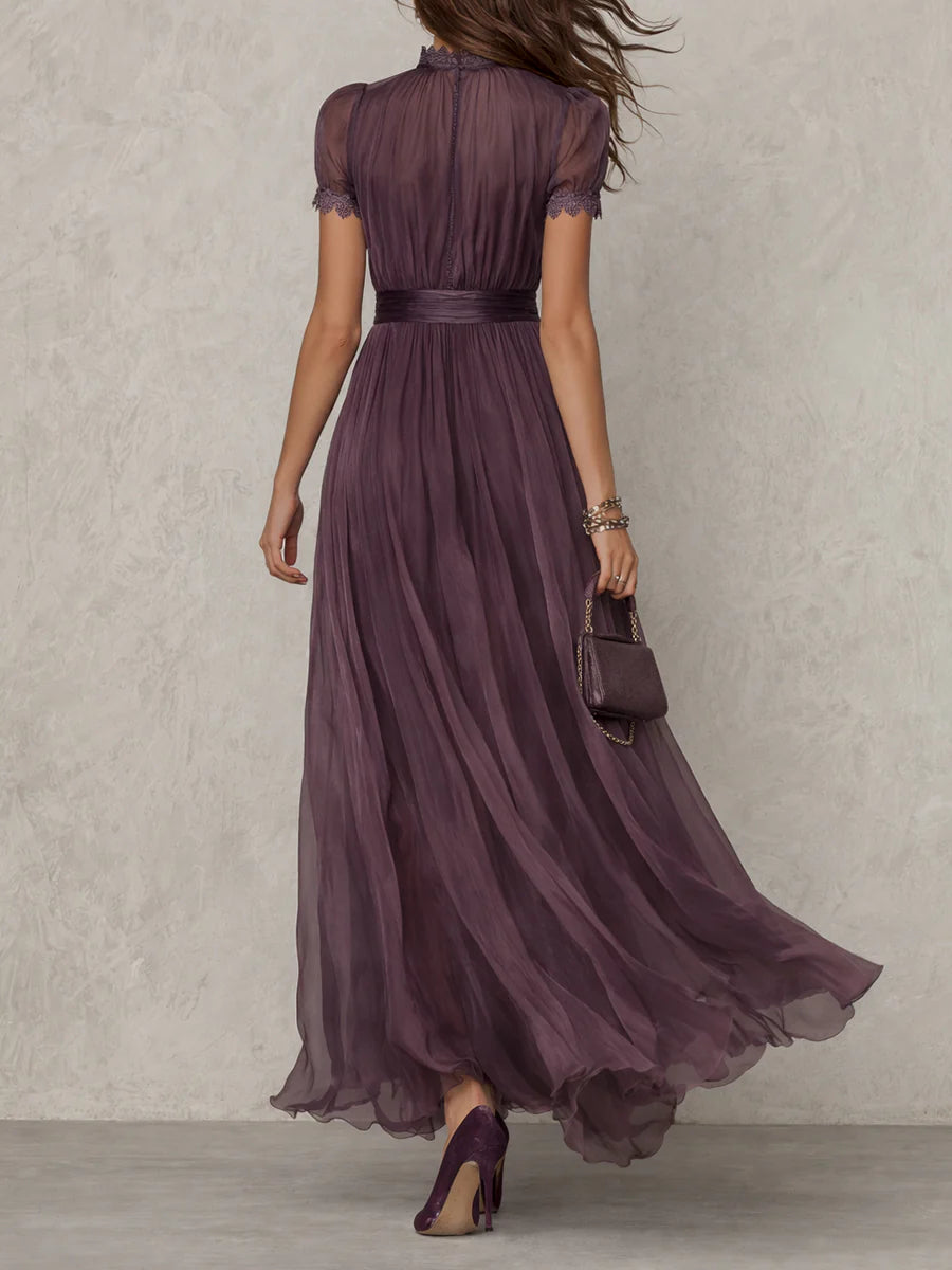 Flavia - Purple long dress with a teardrop cut-out and silk lace trim