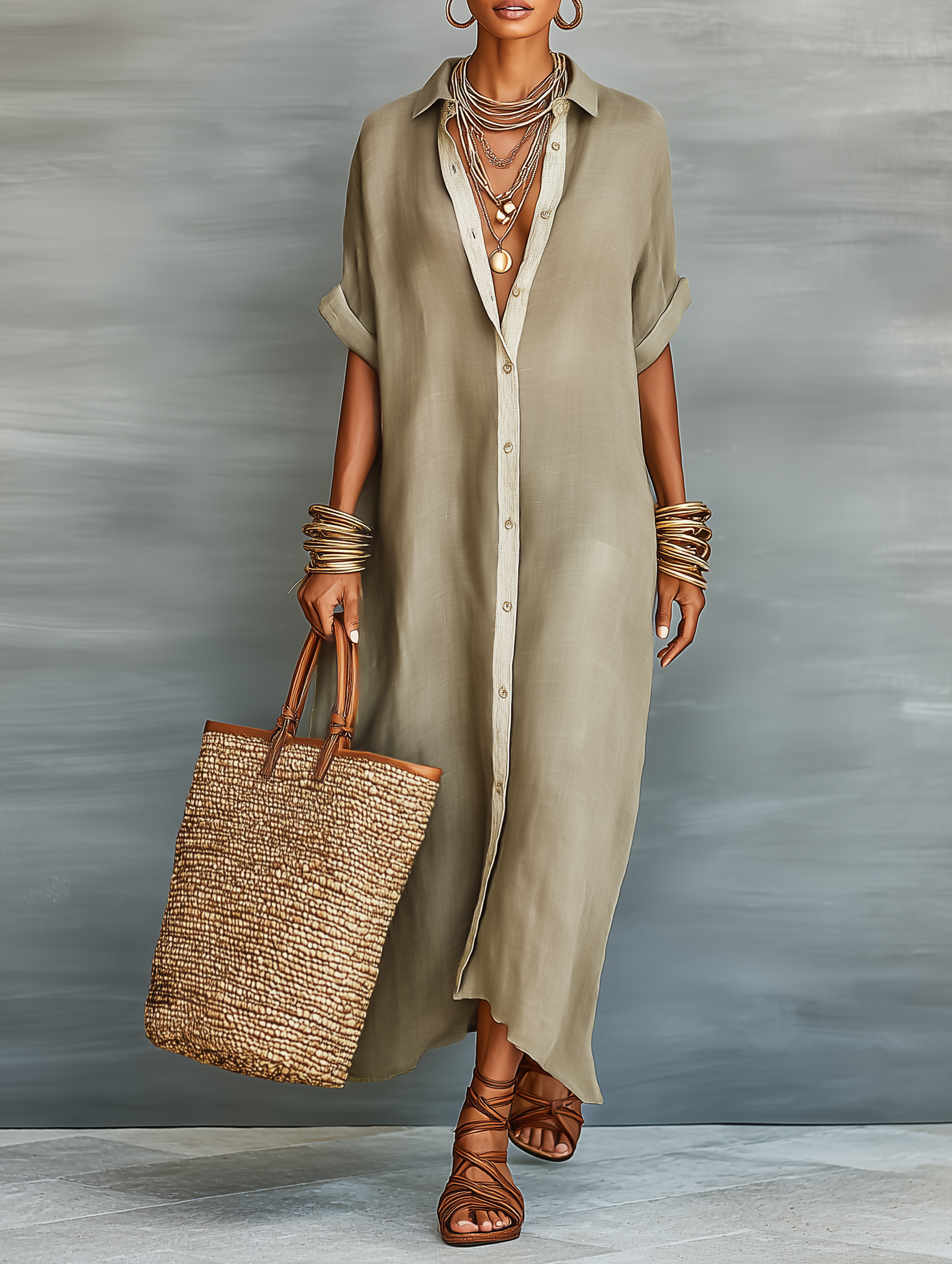 Women's designed linen maxi dresses with short sleeves