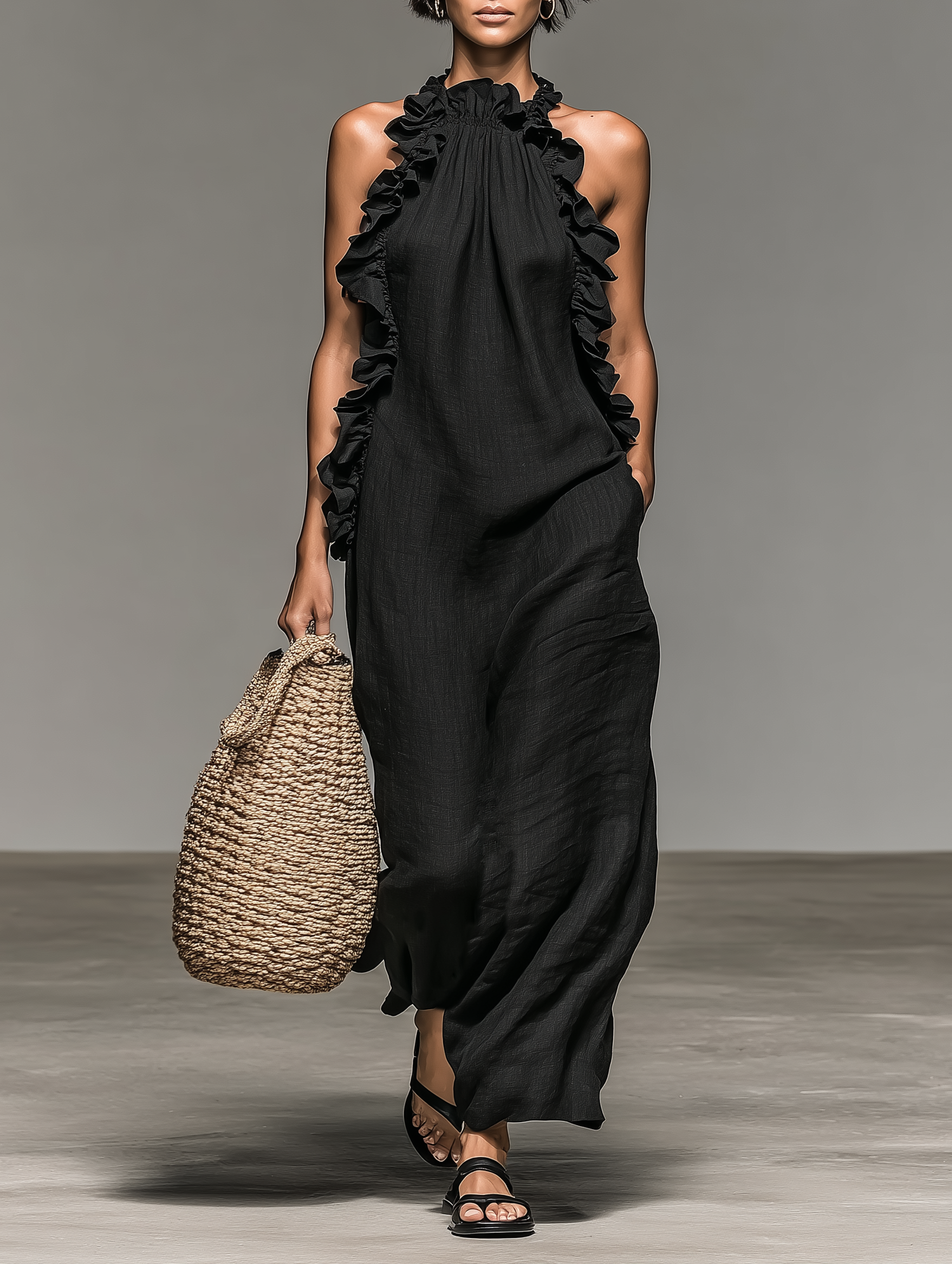 Minimalist sleeveless maxi linen dresses with ruffle details