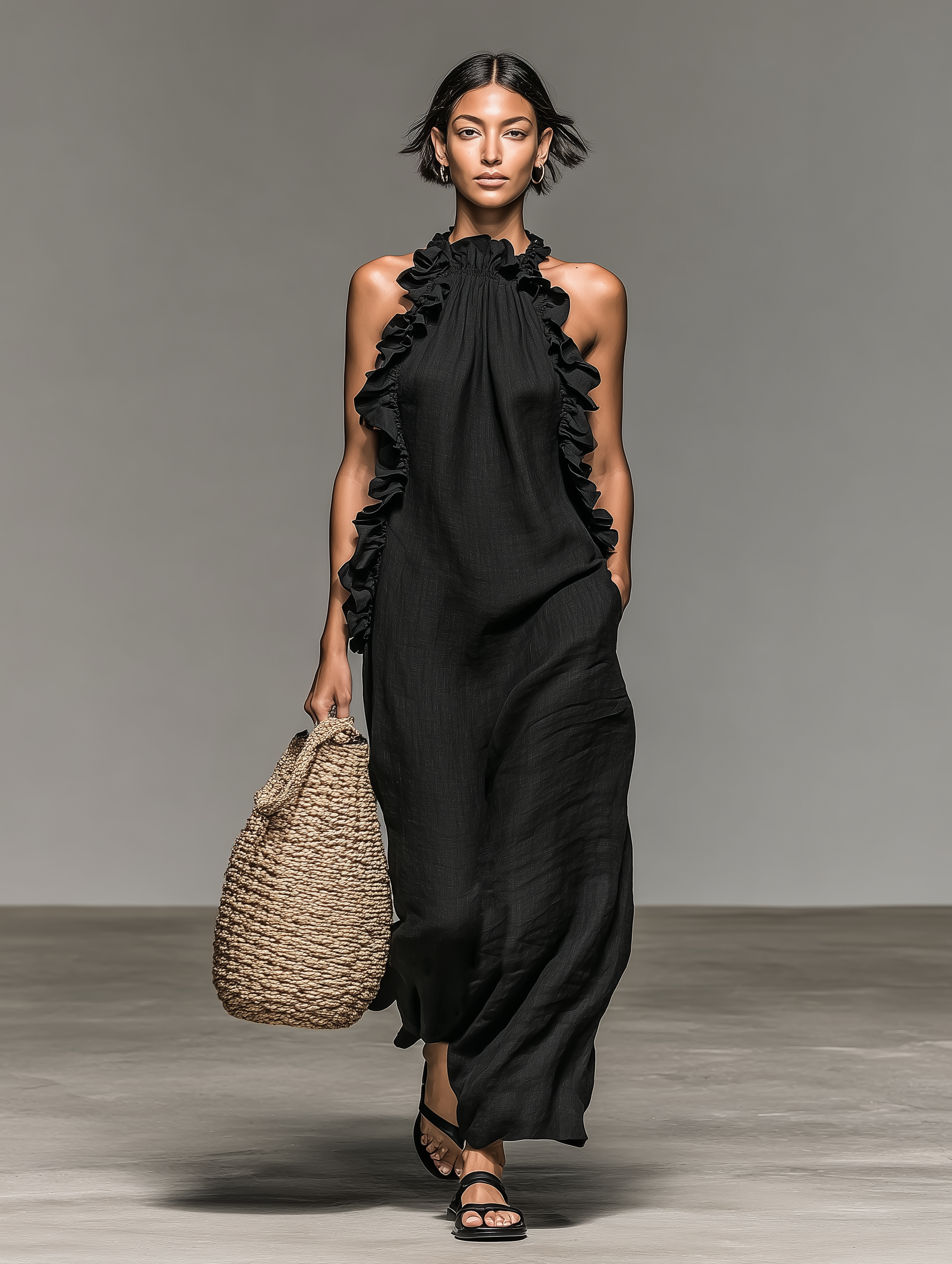 Minimalist sleeveless maxi linen dresses with ruffle details