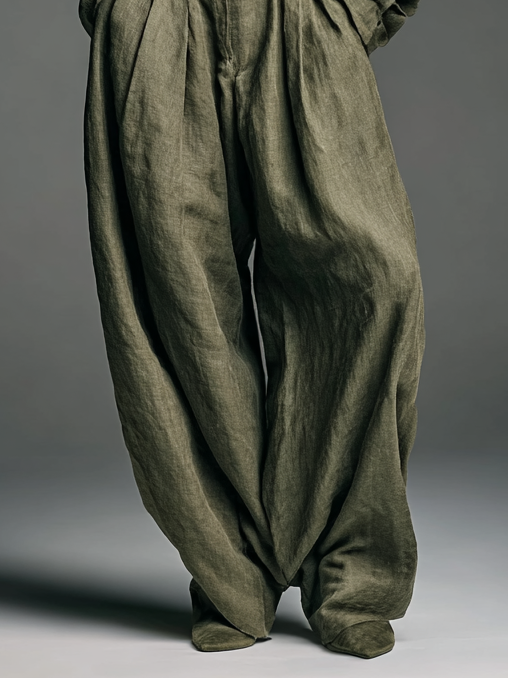 Women's cotton and linen two-piece set with a long shirt and wide-leg pants