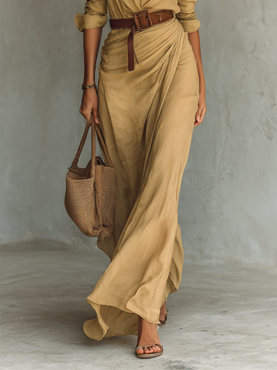 Women's maxi dresses with a collar, long sleeves, and a seam closure