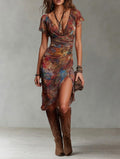Martina - Pleated midi dress with V-neck, with artistic abstract bohemian print