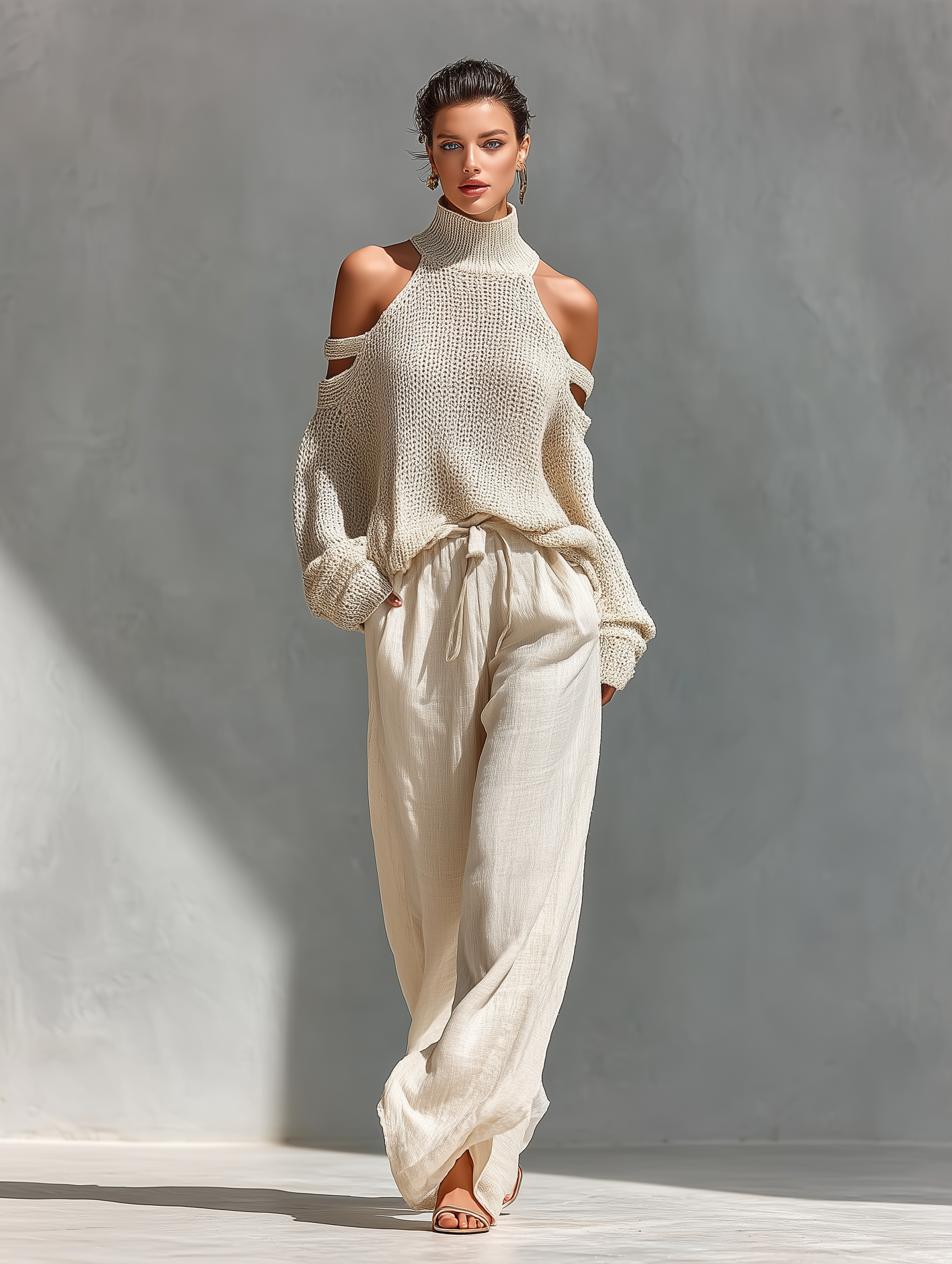 Beige cotton high-neck cold-shoulder top and wide-leg trousers set