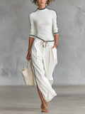 Long-sleeved mock neck top and wide-leg drawstring pants - Two-piece set
