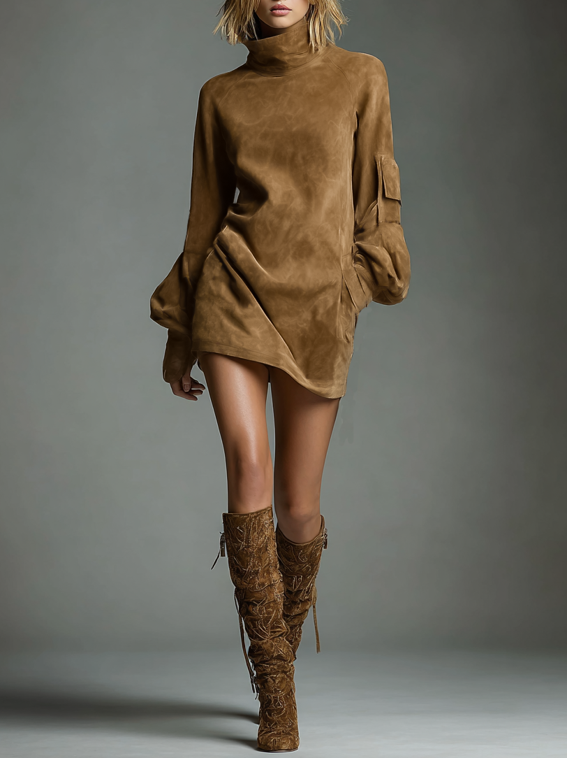 Women's Loose Knit Turtleneck Mini Dress