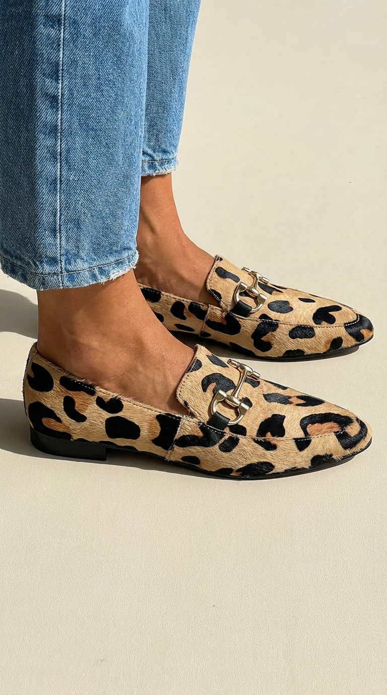 Animal print loafer boots with a decorative clip
