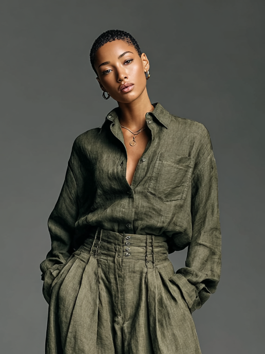 Women's cotton and linen two-piece set with a long shirt and wide-leg pants