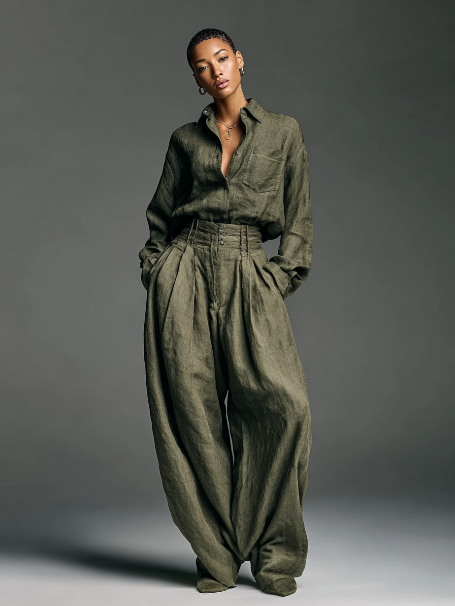 Women's cotton and linen two-piece set with a long shirt and wide-leg pants