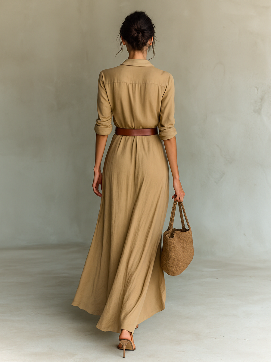 Women's maxi dresses with a collar, long sleeves, and a seam closure
