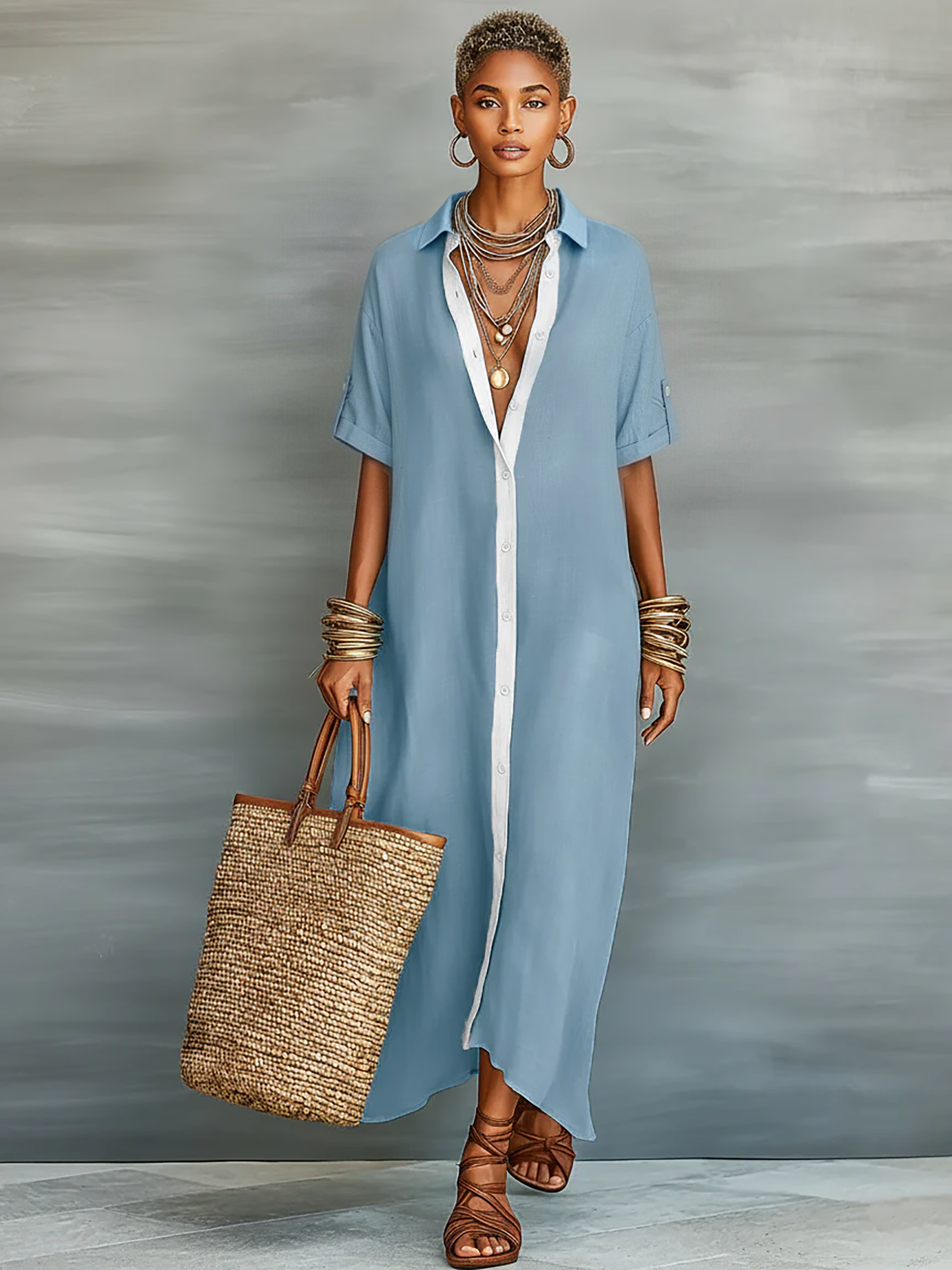 Women's designed linen maxi dresses with short sleeves