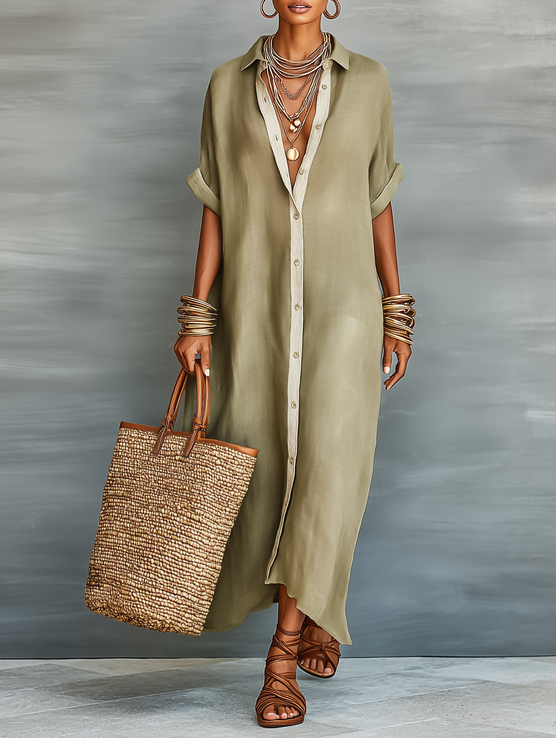 Women's designed linen maxi dresses with short sleeves