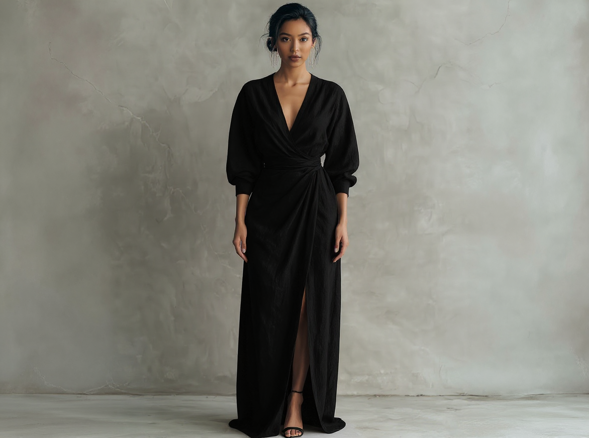 Women's long pink minimalist V-neck linen dress