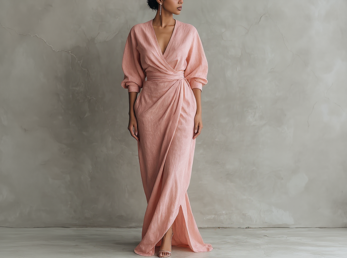 Women's long pink minimalist V-neck linen dress