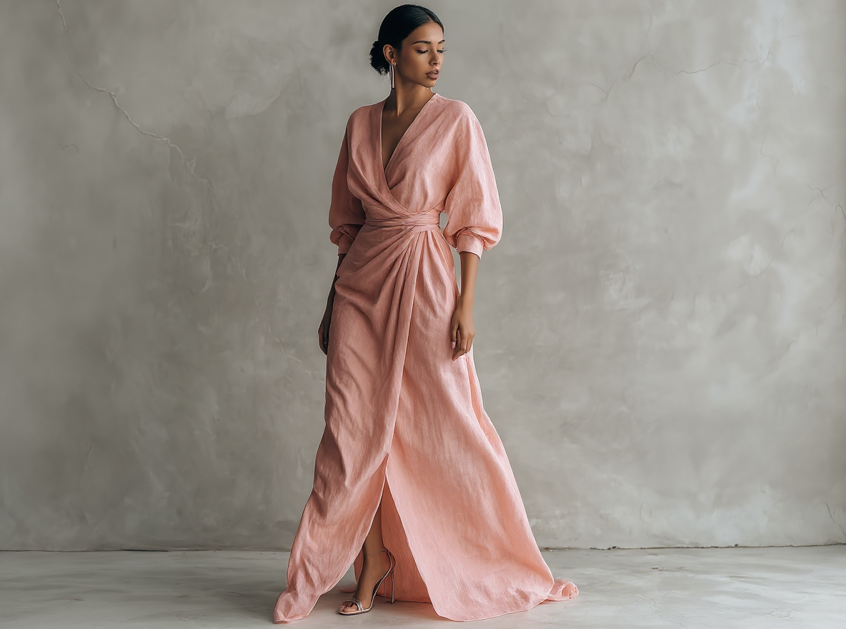 Women's long pink minimalist V-neck linen dress