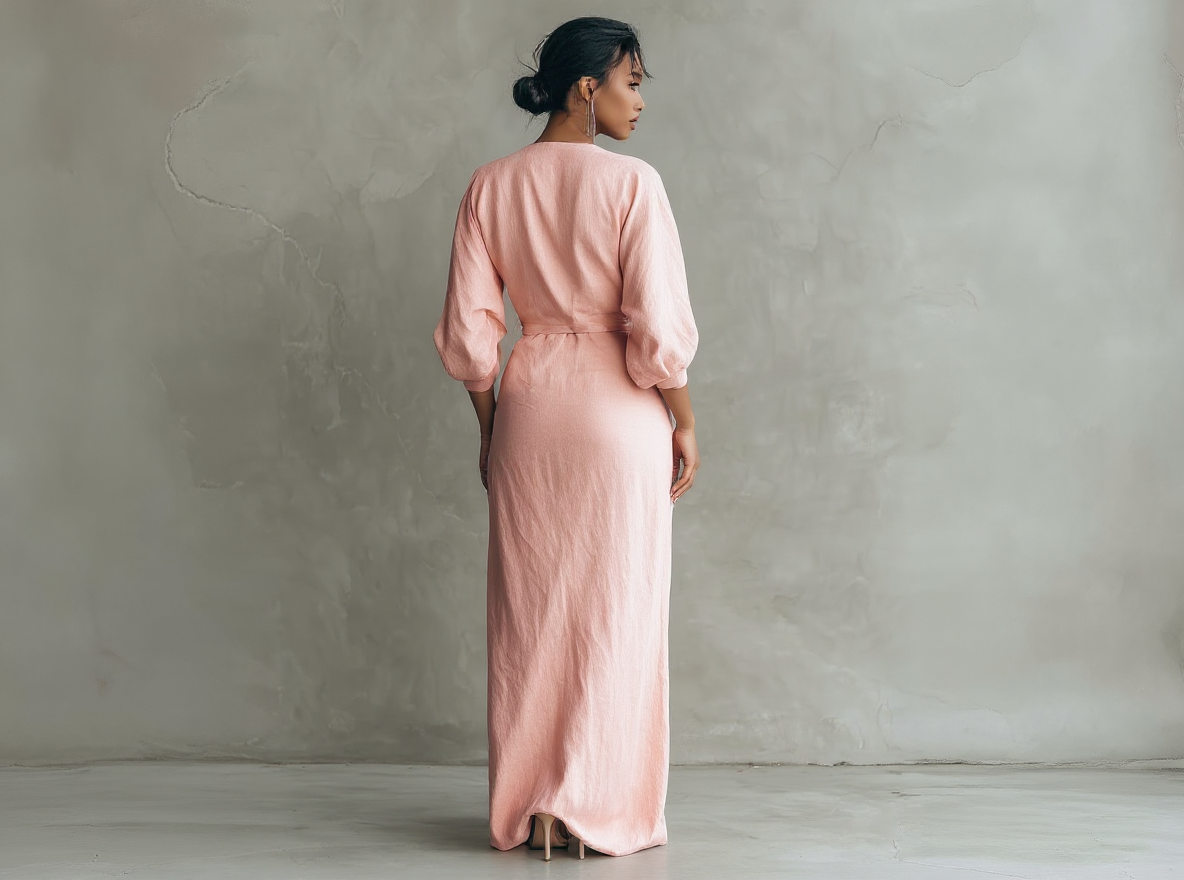 Women's long pink minimalist V-neck linen dress