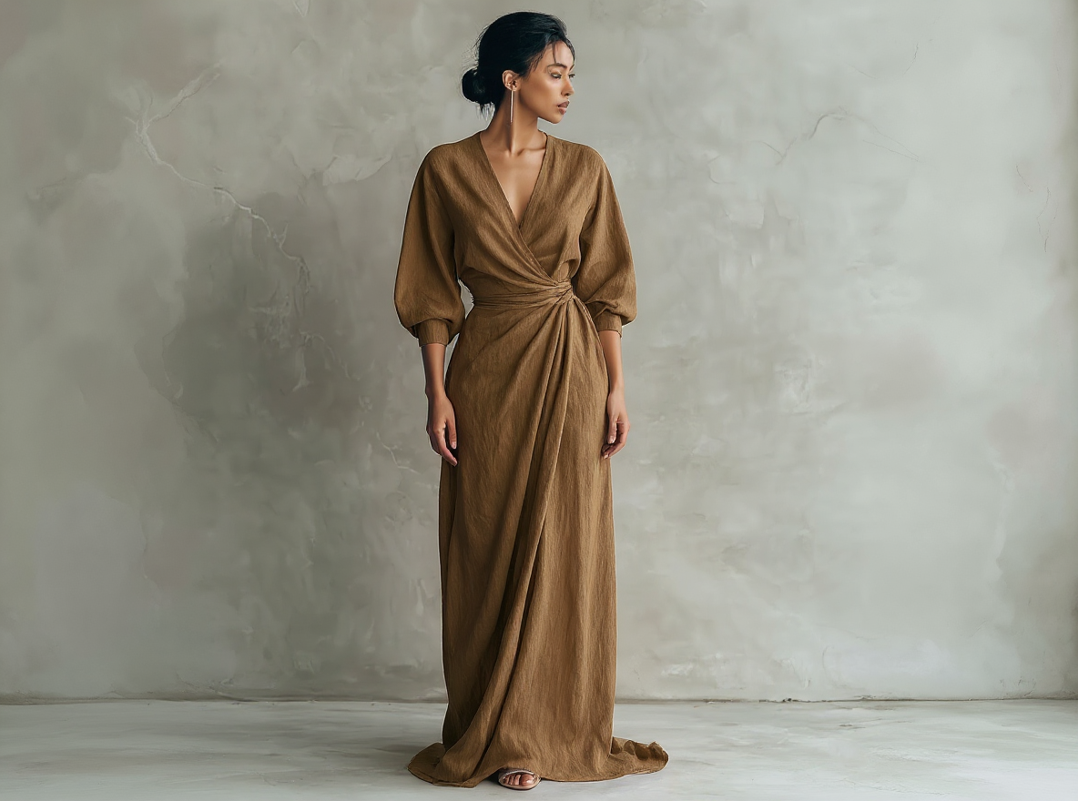 Women's long pink minimalist V-neck linen dress