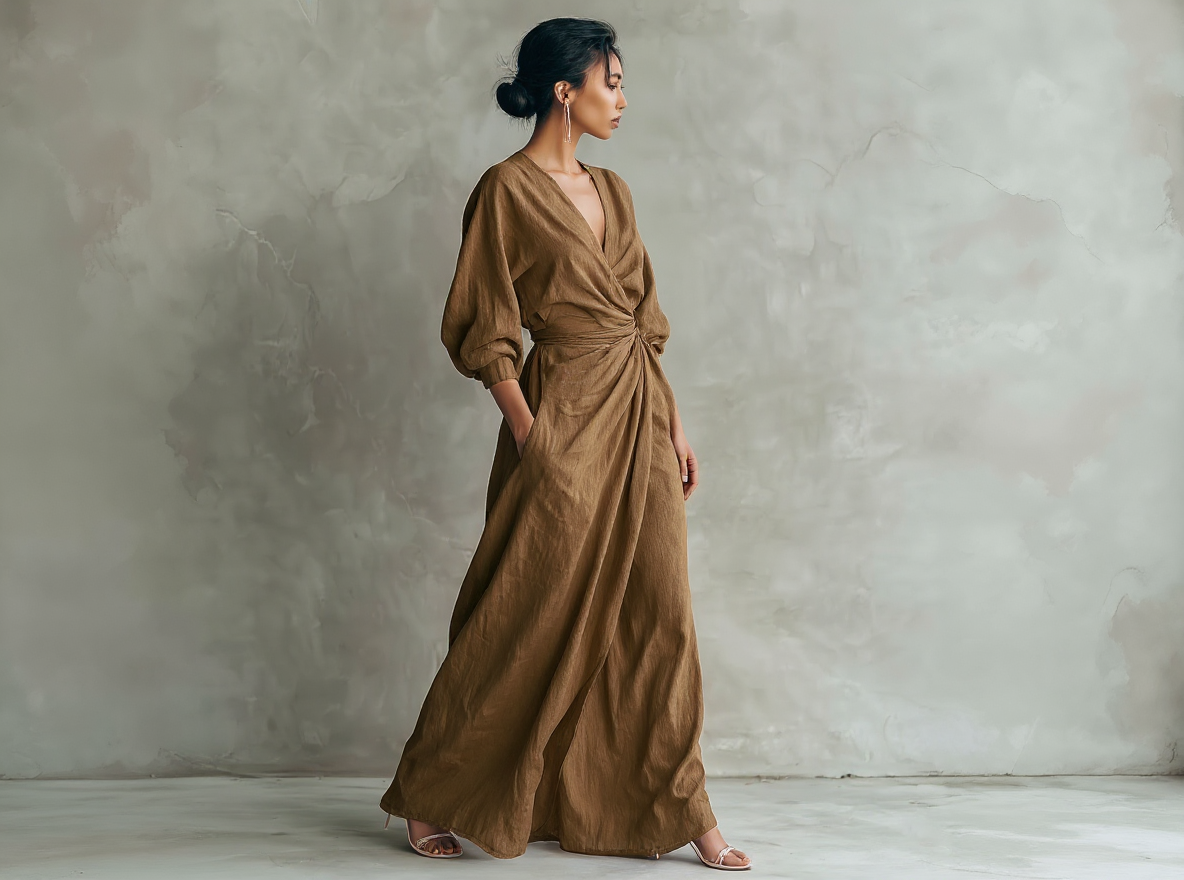 Women's long pink minimalist V-neck linen dress